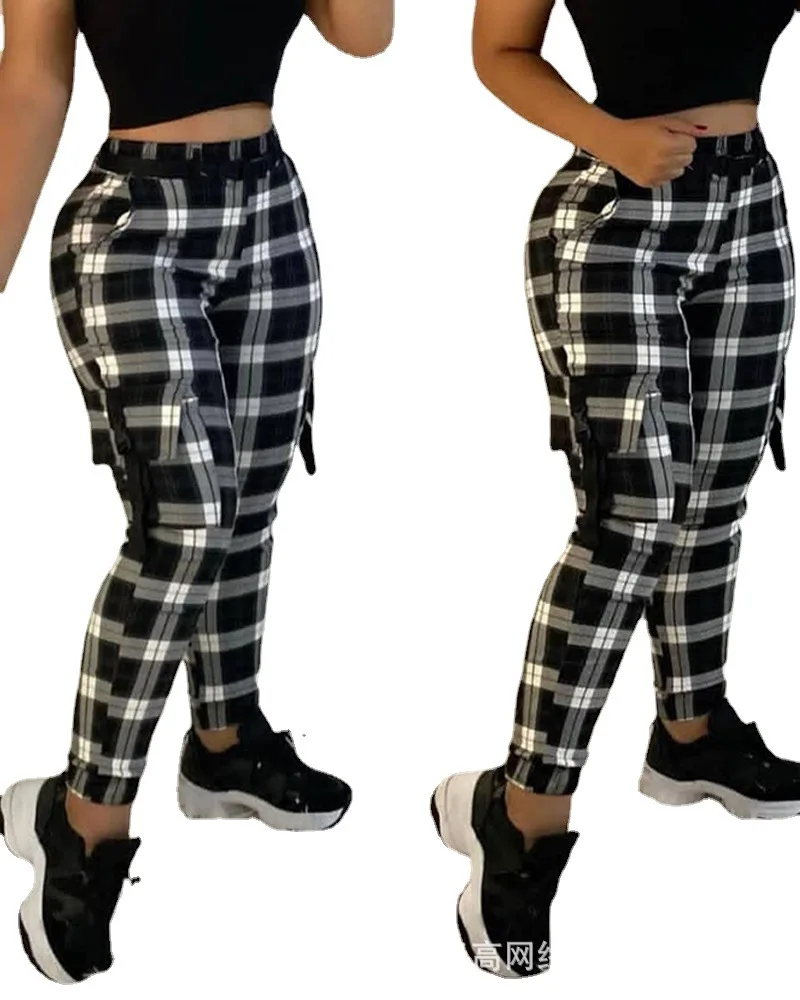 Women High Waist Ankle Length Spring Summer Plaid Pants Pockets Fashion Casual Trousers Pants