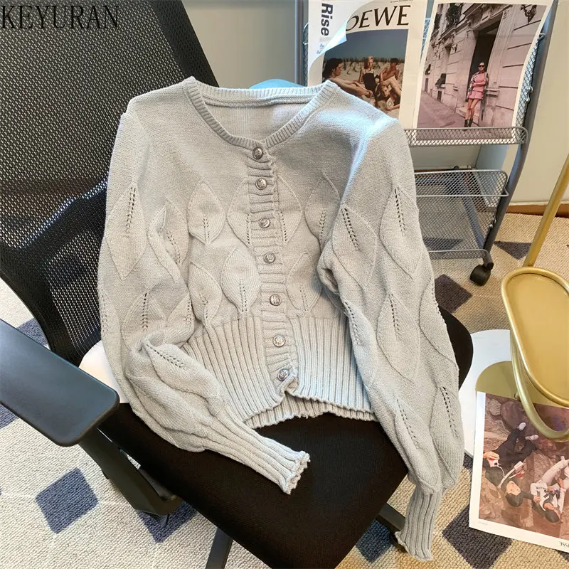 

Vintage Gray Hollow Kintted Cardigan Women Spring Korean Style O-neck Long Sleeve Single Breasted Sweaters Coat Casual Outwear