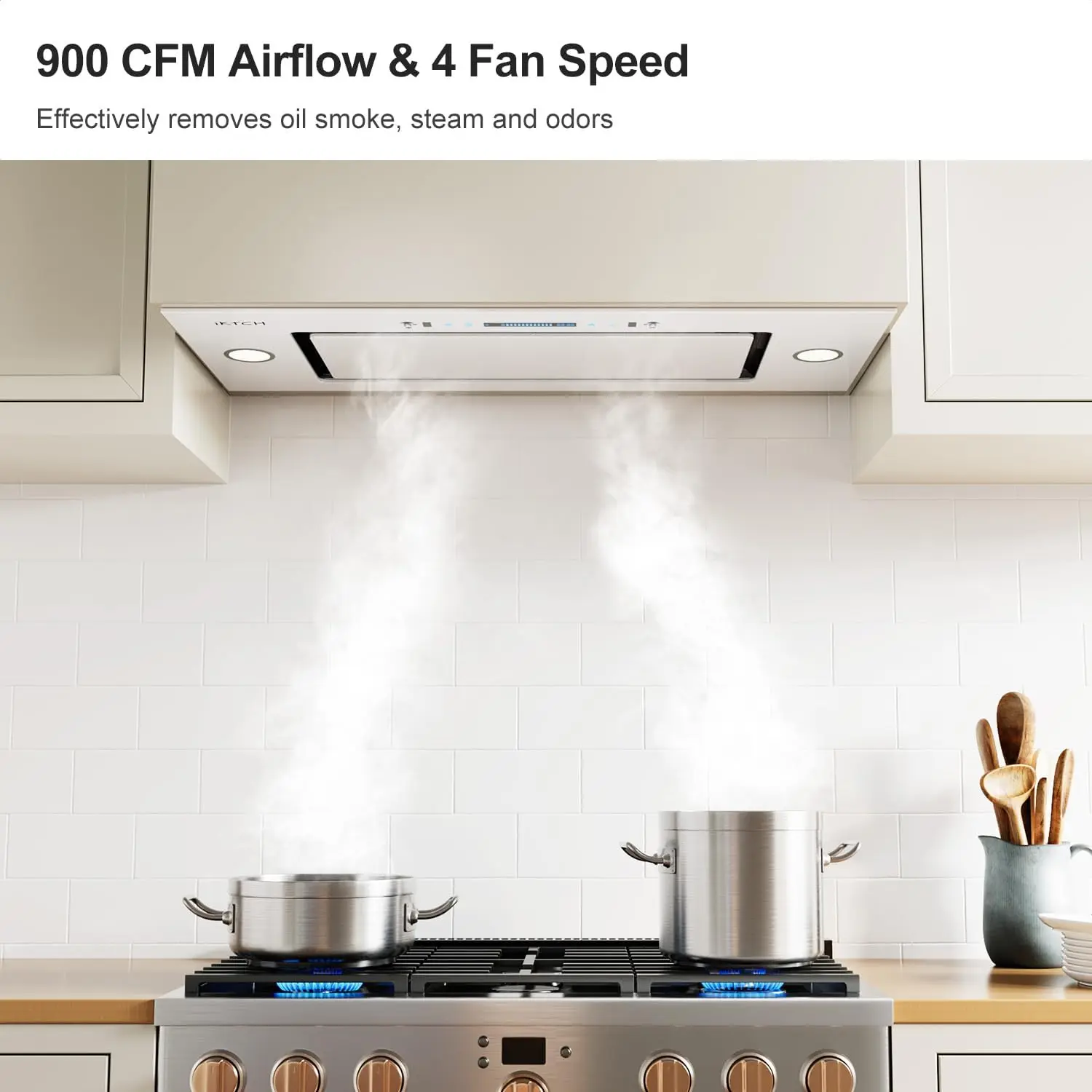 30" Range Hood Insert, Ductless Range Hood with 4 Speed Fan, White Stainless Steel & Tempered Glass Ran 2