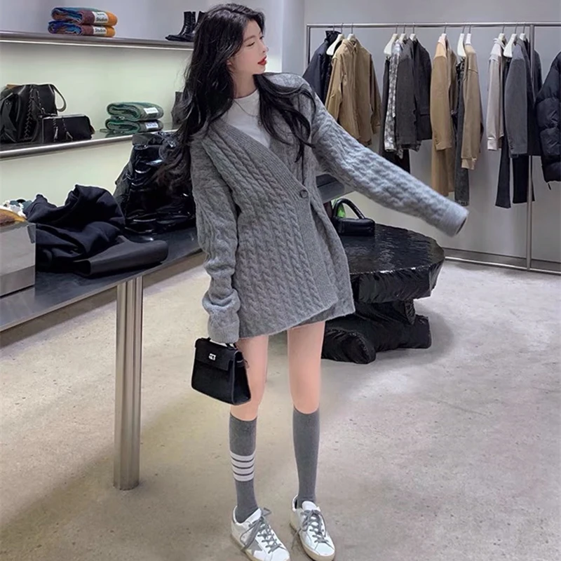 Women Clothes Knitted 2 Piece Set Vintage Loose Twist Sweater Single Breasted Knitted Cardigan Coat+Casual Wide Leg Pants 2sets