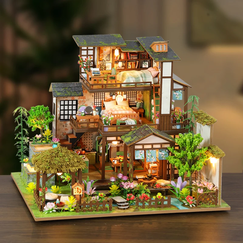 NEW DIY Wooden Doll House Bamboo Spring Courtyard Casa Miniature
