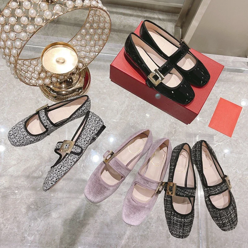 

Rhinestone Square Buckle Mary Jane Shoes Women 2024 Shallow Mouth Square Toe Retro Single Shoes Women's Shoes