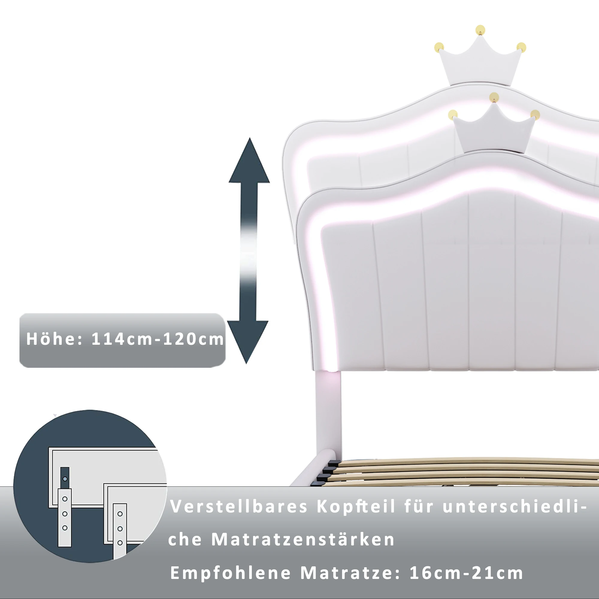 KOMHTOM Kunstleder Polsterbett 90x200 cm mit Kronendesign LED Beleuchtung hydraulischem Stauraum höhenverstellbarem Kopfteil – Detail 5