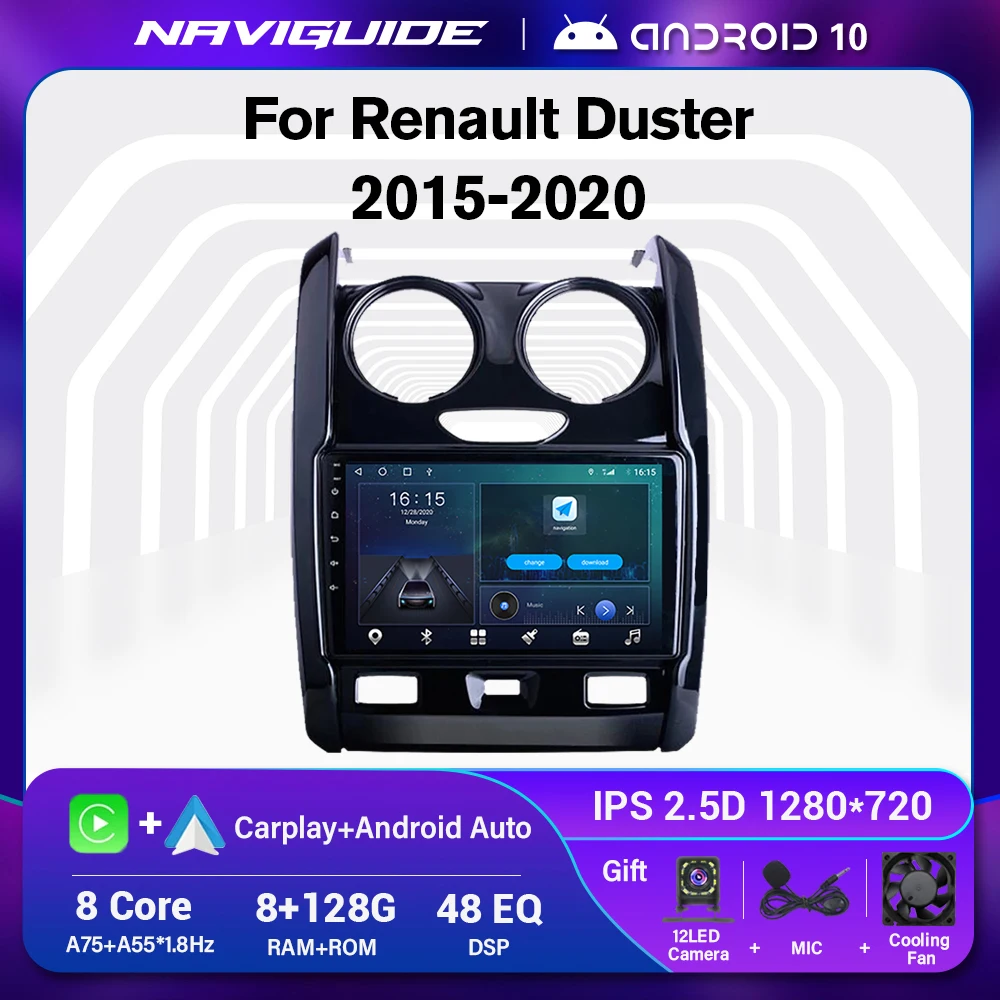 NAVIGUIDE 8G+128G Car Radio For Renault Duster 2015-2020 Multimedia 4G WIFI GPS Auto Navigation 2 Din Android 10 No DVD Player |
