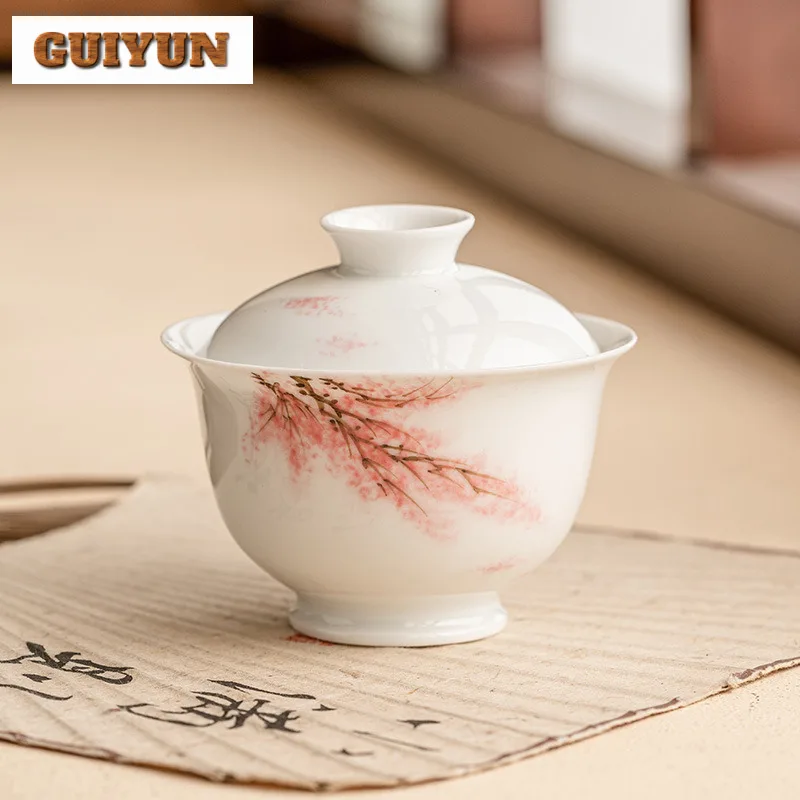 110ml Boutique Hand Drawn Cherry Blossom Gaiwan Ancient Tea Tureen Tea Bowl with Lid Kit Brewing Cover Bowl Cafes Ornaments