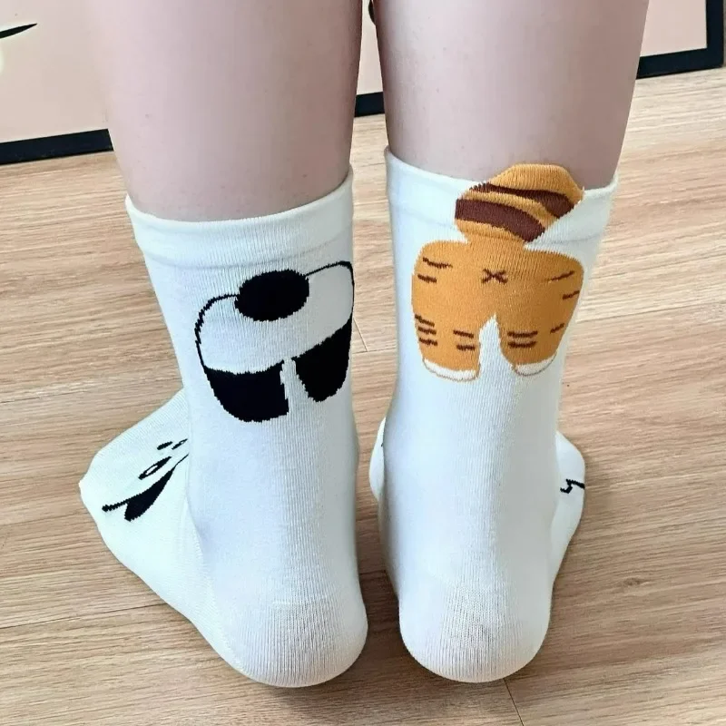 4pairs Cute Cartoon Raccoon Printed Mid Tube Cotton Socks Autumn Winter Kawaii White Socks Breathable Soft Casual Fashion Sock