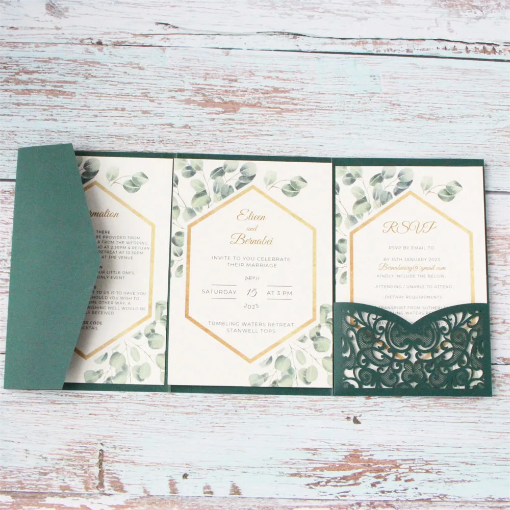 

Dark Green Invitation Card Matte Pape 250g Wedding Celebration Party Quarter Fold Envelop Personalized Printing 50 Sets