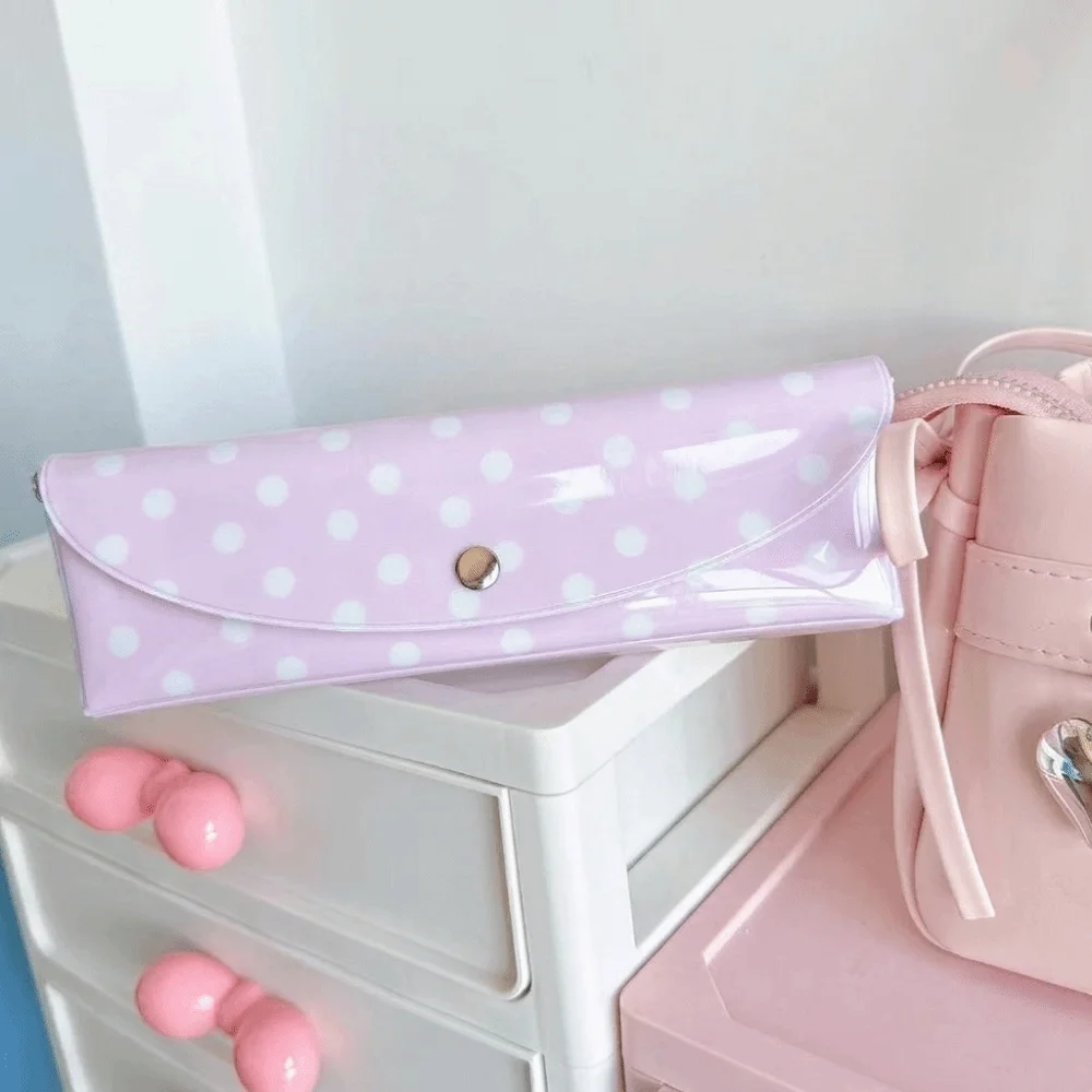 Astuccio in PVC a pois con chiusura a bottone a pressione, design portatile, custodia leggera e resistente, organizer per cancelleria per studenti - immagine 5