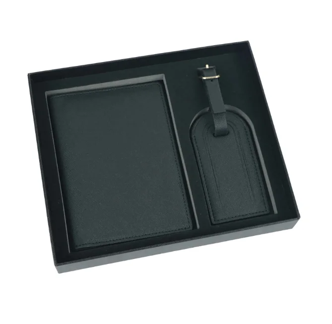 Saffiano Travel Duo: Minimalist Passport and Ticket Holder with Luggage Tag in Gift Box Set