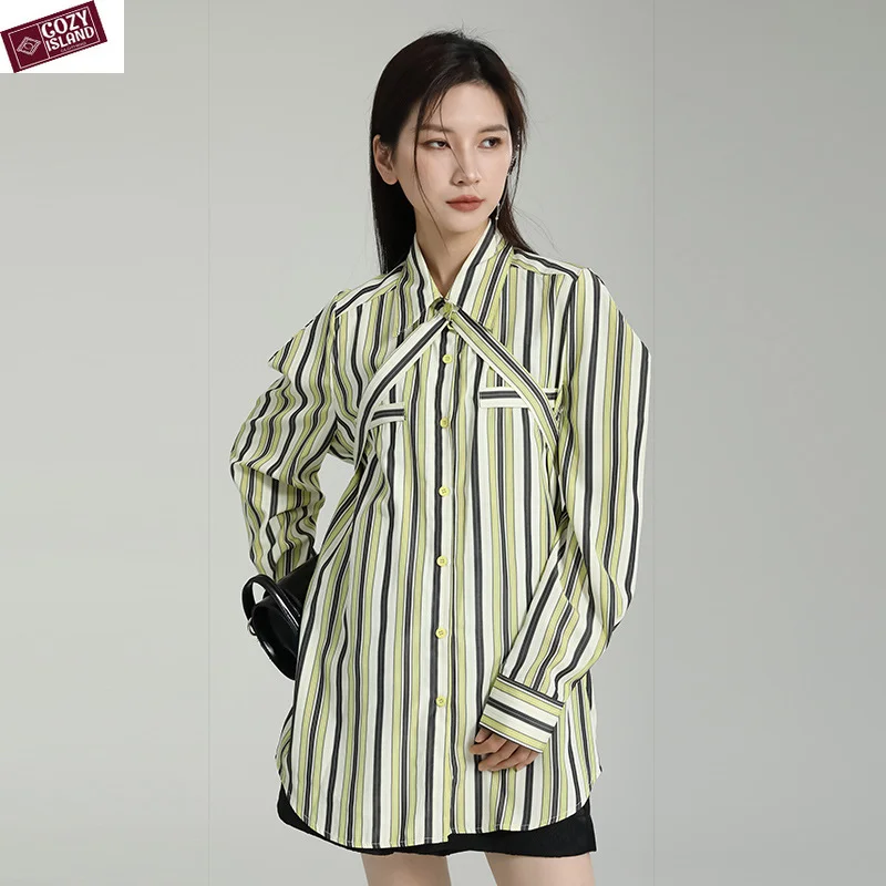 Women Spring Vertical Striped Shirts Designer Niche Mid-length Blouse Cross Tie Loose Slimming Tops Summer Blue Lapel Streetwear