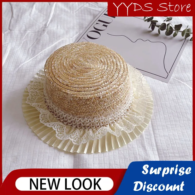 Children's Lace Straw Hat Straw Braided Straw Hat Pleated Streamer Straw Sun Hat Big Brim Sun Hat Panama Beach Sun Hat