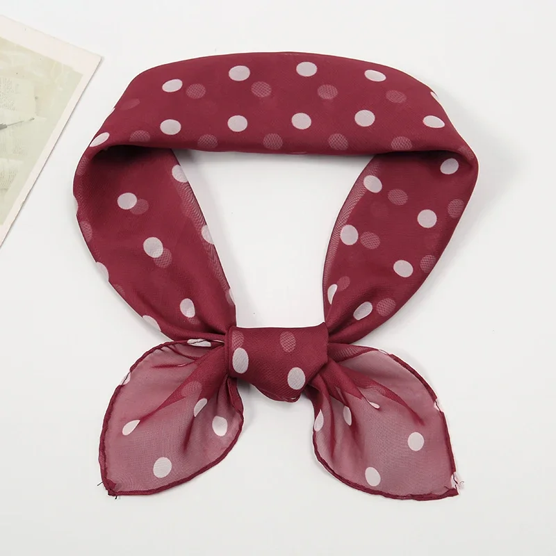 Retro Polka Dot Montage Chiffon Square Scarf Women Soft Hairband Neckerchief Hijab Lady Headband Foulard Bag Ribbons Kerchief 6
