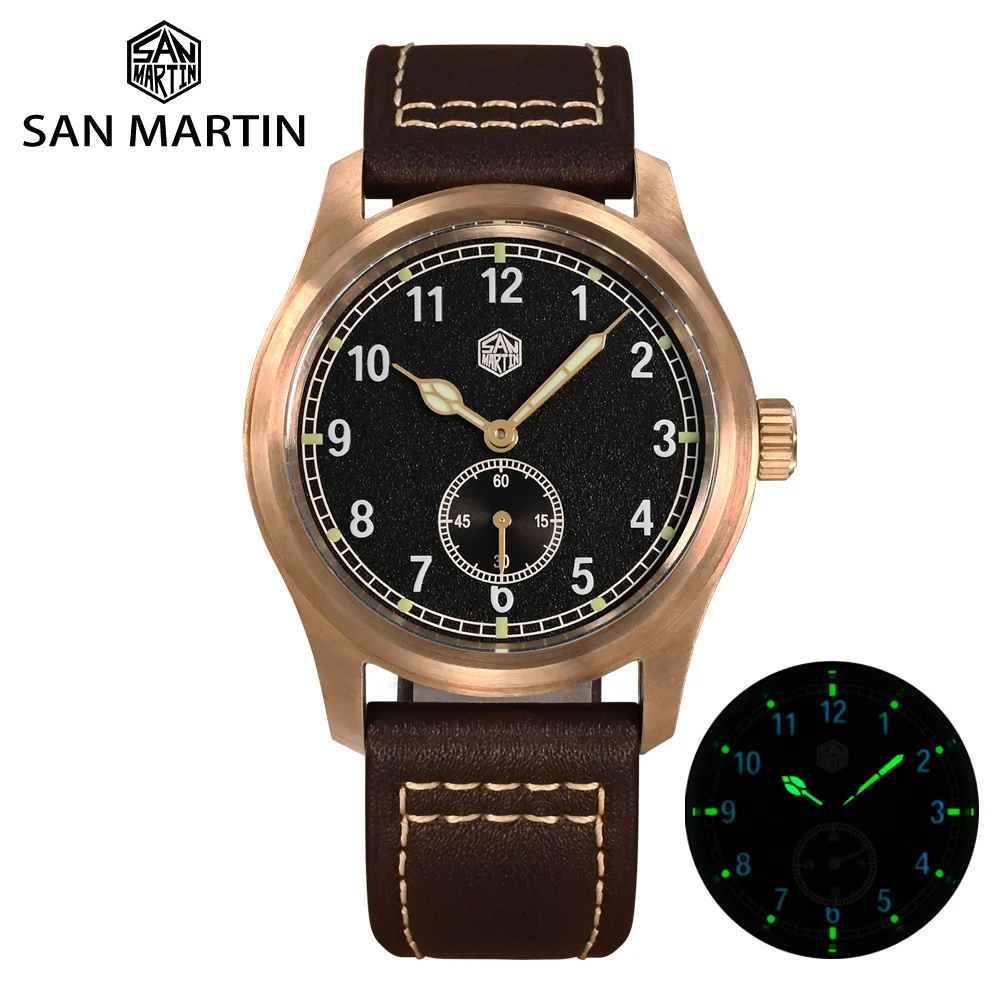 San Martin 37mm brązowy Pilot RONDA 6004 mężczyzn oglądać w stylu wojskowym prosty kwarcowy zegar skórzany 10 Bar Relojes - AliExpress 1511