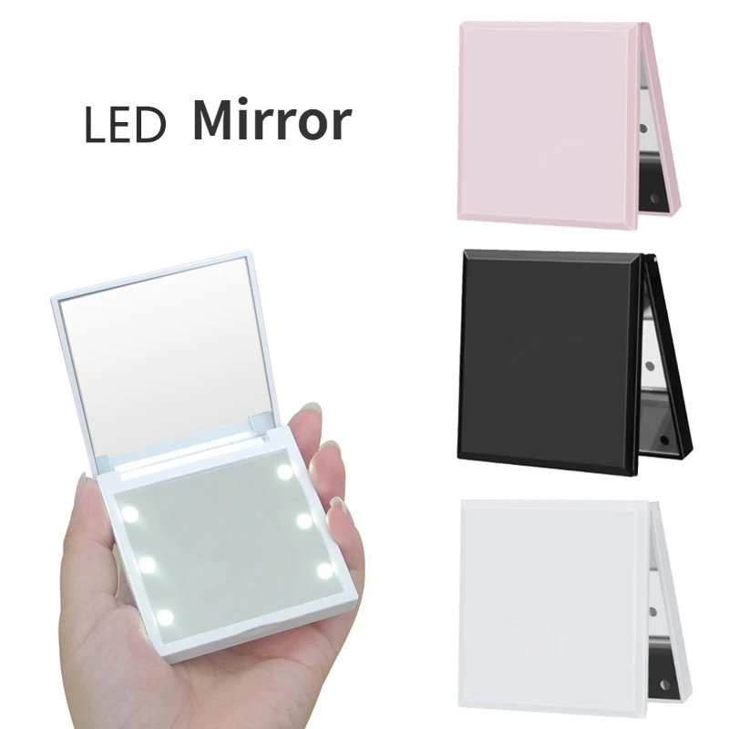 

Mini LED Luminous Makeup Mirror Square Foldable Small Mirror with Light Beauty Mirrors Fashion Solid Vanity Mirror Girls Gift