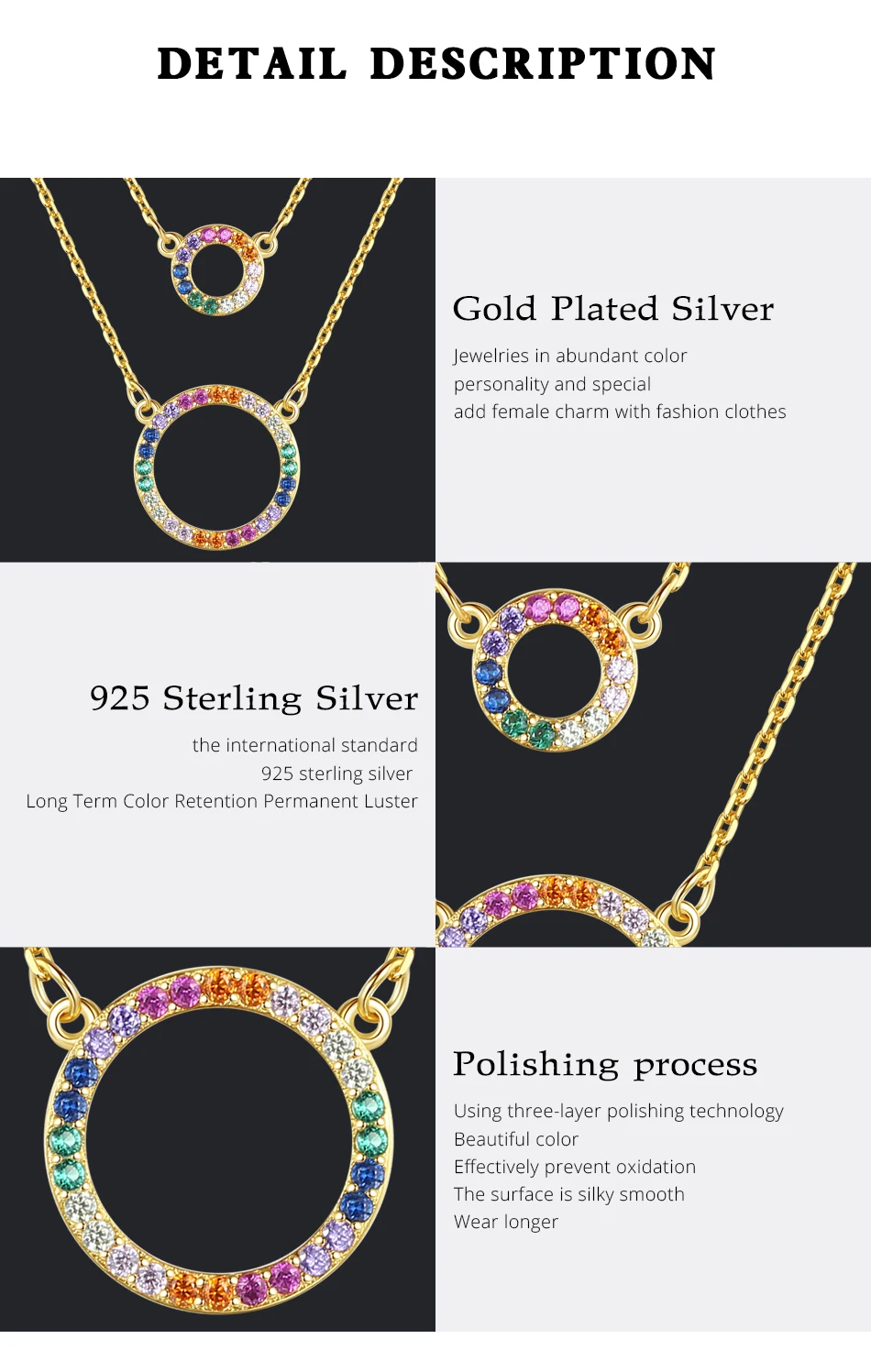 Collane con zirconi cubici piccoli CZ in argento sterling con cerchio a doppio strato, colore arcobaleno, davvero fini_voghion.com