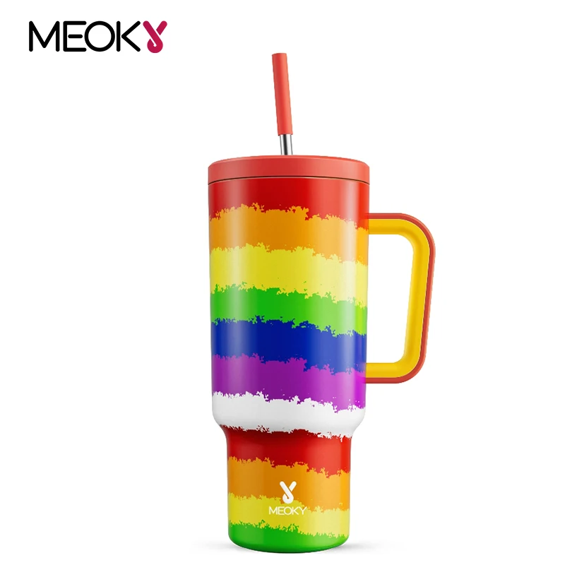 

Meoky 40oz Cup Rainbow Stripes Vacuum Thermal Coffee Cup with Handle Stainless Steel Insulated Extra Long Thermos Travel Car Mug