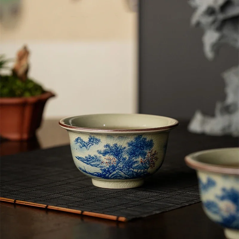 Landscape Chinese Pottery Cups Ceramic Opening Tea Cup Set Blue And White Teaware Kung Fu Tea Bowl For Ceremony Teacup