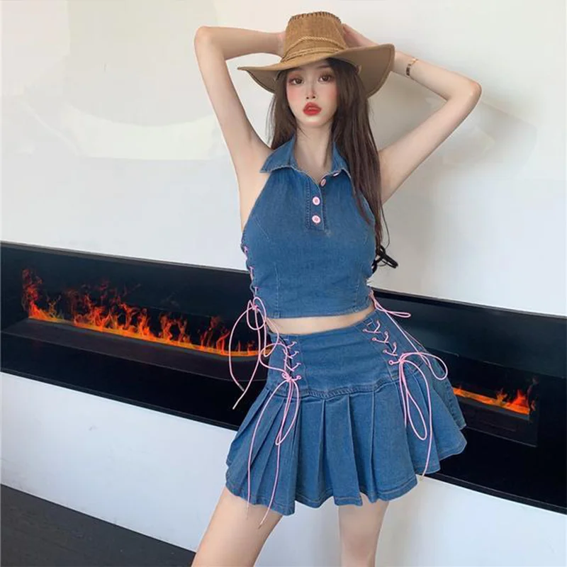 

Girls Reduce The Age Of Japanese Denim Pure Want To Clash Color Binding Neck Jacket Pleated Skirt Trouser Suit