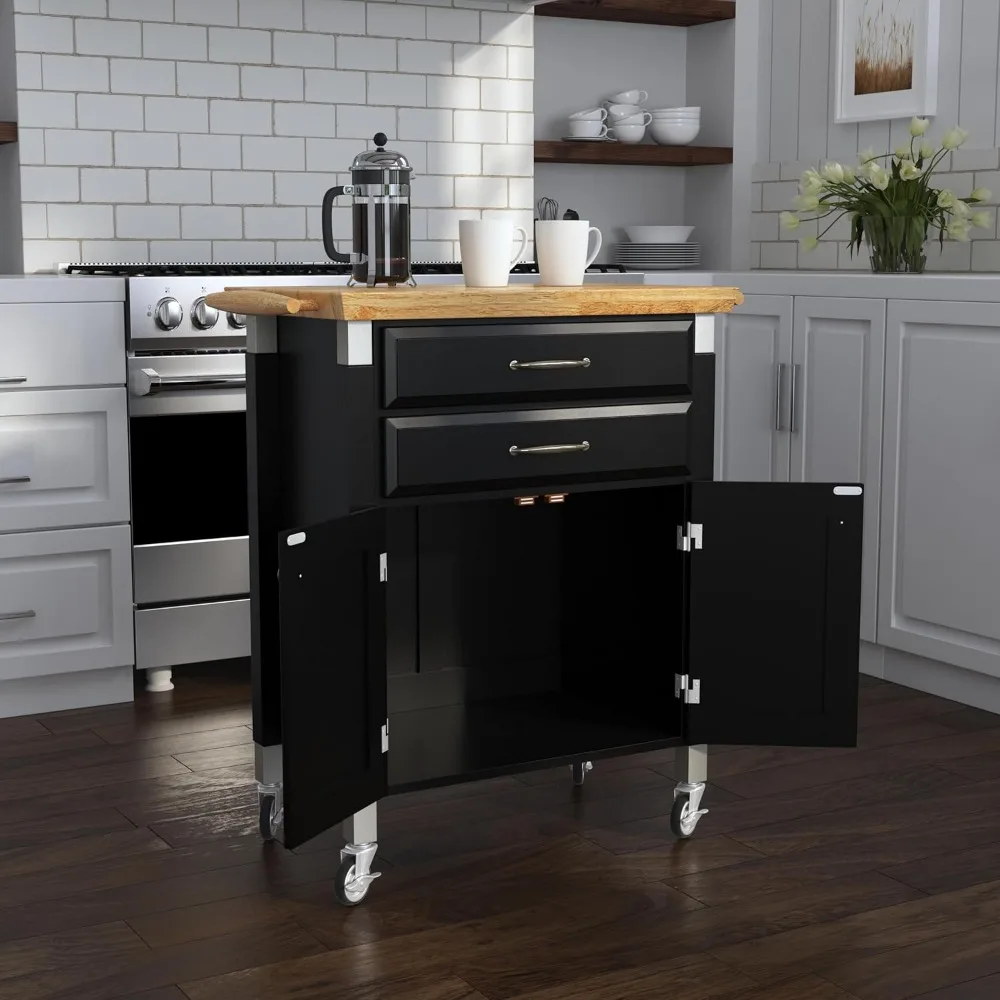 Serve Kitchen Cart with Natural Top, Locking Casters, Two Drawers, Two Storage Cabinets 3