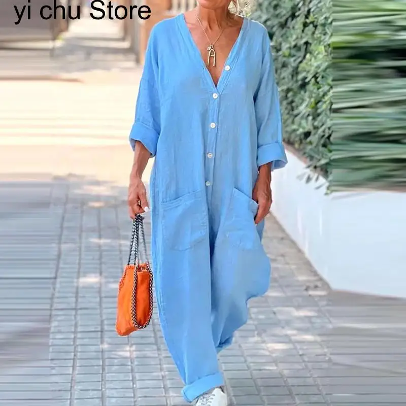 New Women V Neck Button Mid Waist Pockets Bodysuit Summer Female Holiday Beach Overalls Simple Casual Cotton And Linen Jumpsuit