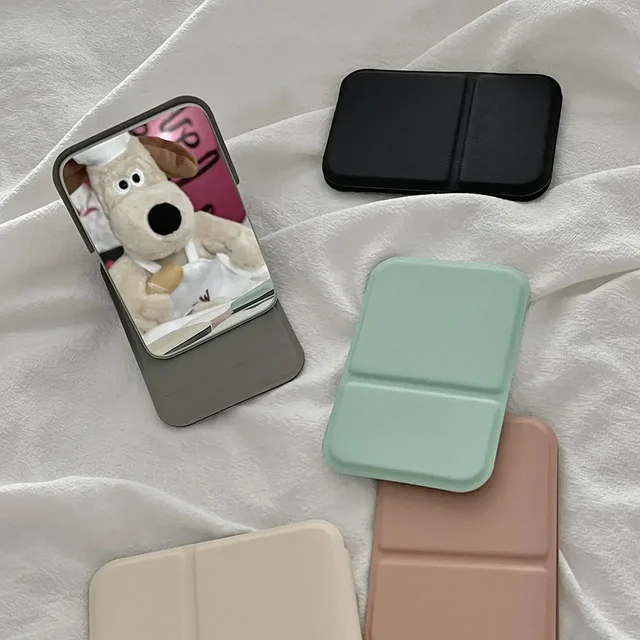 Miroir de maquillage de bureau en cuir PU, couleur unie, Simple, Portable, pliable, Compact, mignon, pour étudiant 6