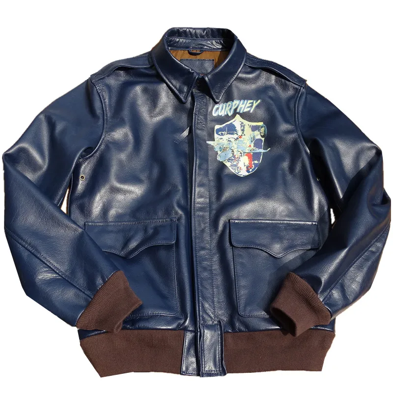 A2 Flight Leather Jacket Cowhide Print Distressed Slim Fit Military Style Vintage Clothes for Men
