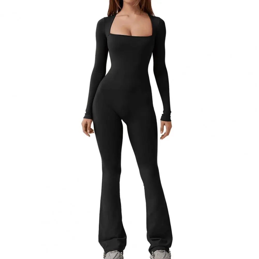 

Breathable Jumpsuit Flattering Women's Long Sleeve Jumpsuit Stylish Low-cut Neck Tummy Control Flared Hem for A Slimming Effect