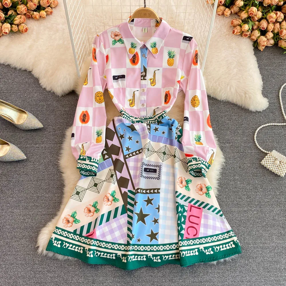 

2022 Spring Goddess Fan Vintage Lapel Print Celebrity Temperament Waist Closed Long Sleeve Large Swing A-line Dress Female