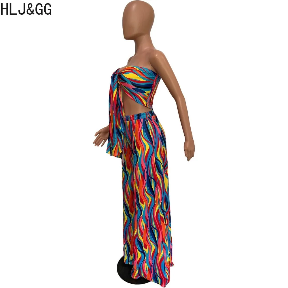 HLJ&GG Summer Colored Stripes Print Wide Leg Pants Two Piece Sets Women Bandage Backless Tube + Pants Outfits Fashion Streetwear