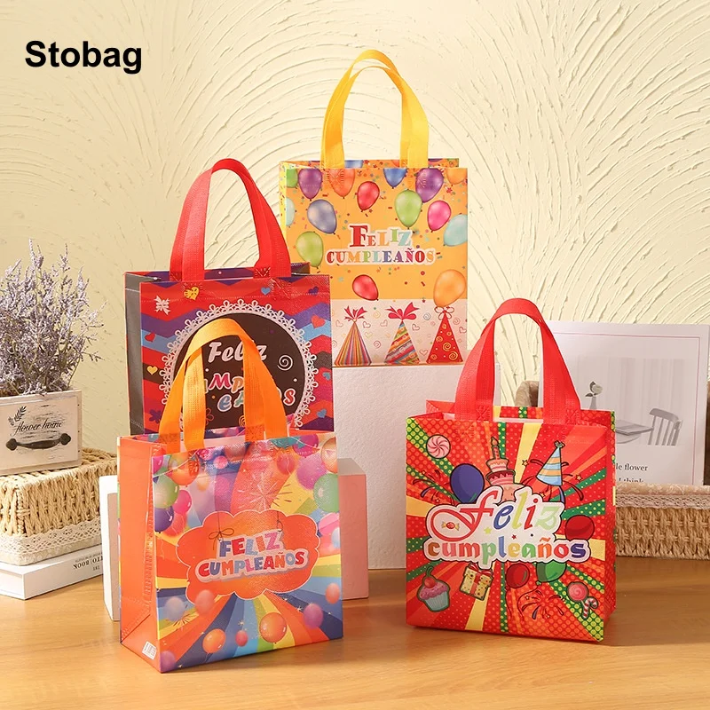 StoBag 4pcs Happy Birthday Non-woven Tote Bags Kids Gift Fabric Cake Package Waterproof Storage Reusable Pouches Party Favors