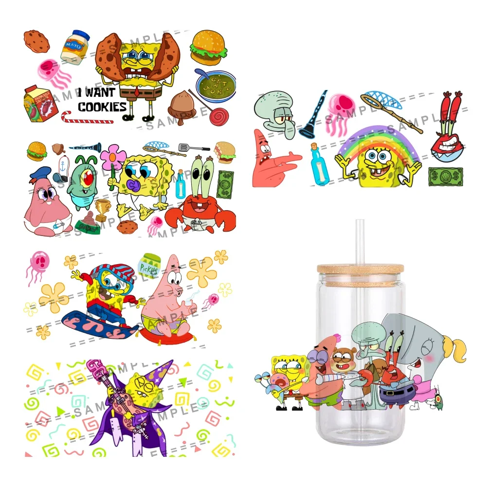 

Cartoon Design Spongebob Pattern 11*24cm UV DTF Wrap Sticker DIY For 16oz Libbey Glass Cup Waterproof Decals Cup Sticker