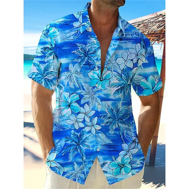 

New men's summer short sleeve flower 3D printed shirt Hawaii seaside holiday casual shirt men's 2023 plus size SX-5XL