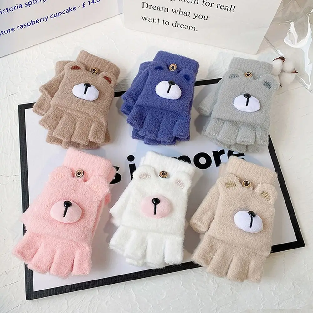 

Windproof Thicken Bear Christmas Gift Touch Screen Winter Plush Gloves Korean Mittens Women Flip Gloves Half Finger Flip Gloves