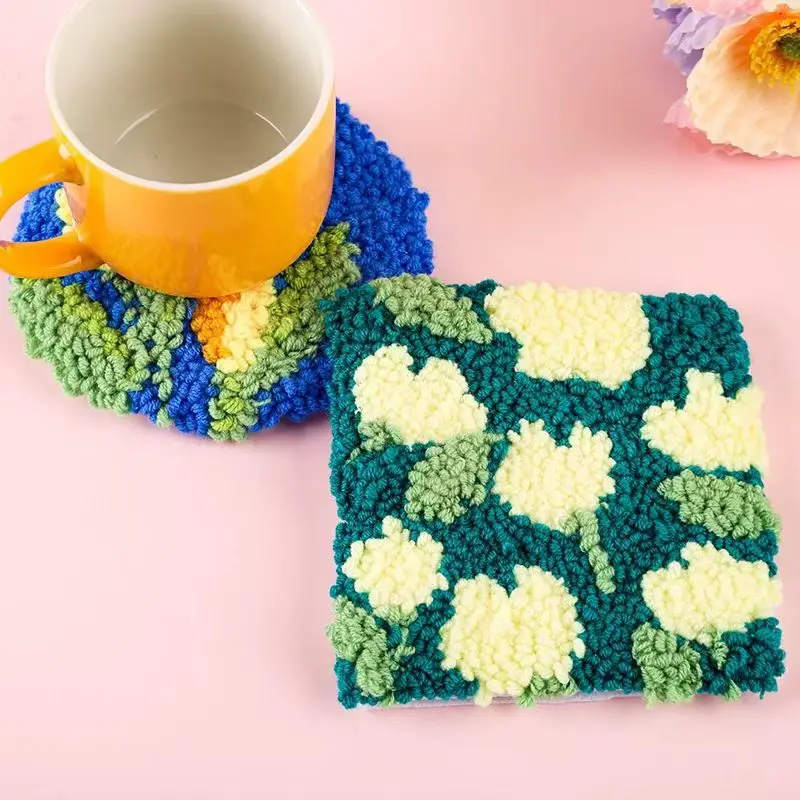 6pcs DIY Punch Needle Embroidery Tulip Coaster Material for Beginners Soft Yarn Needlework Embroidery Set Home Table Decor
