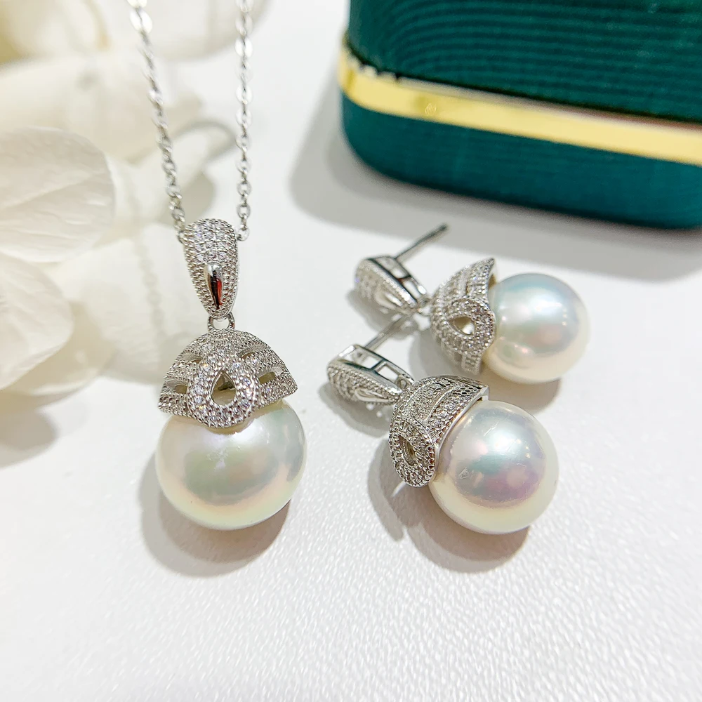 

MeiBaPJ 10-11mm Natural White Round Pearls Fashion Jewelry Set 925 Silver Pendant Earrings Fine Wedding Jewelry for Women