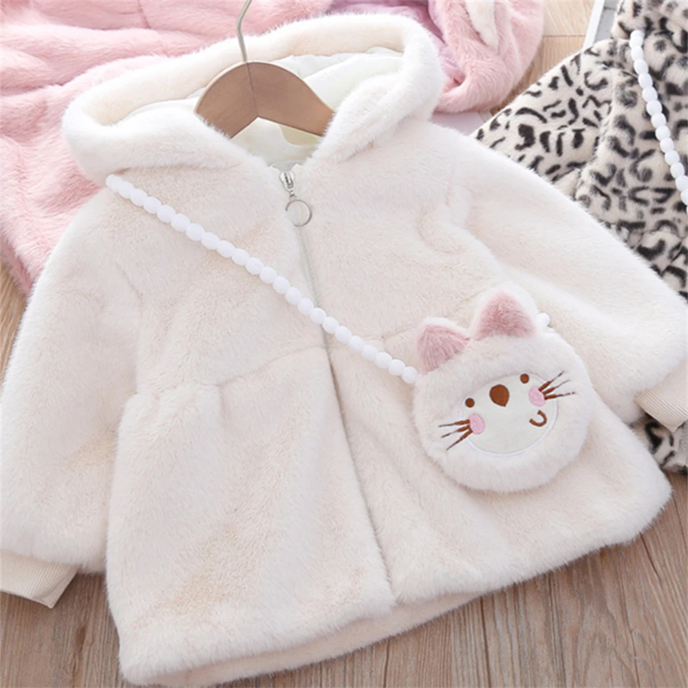 Baby Girl Winter Children'S Clothing Wool Sweater Jacket Girls' Solid Color Warm And Cute Daily Jacket+Cartoon Bag 2 Ps