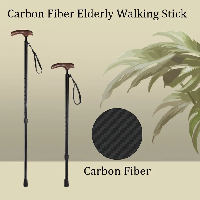 2024 Carbon Fiber Cane Walking Stick With Wenge Wood Handle Strong Toughness Adjustable Length For The Elderly Rubber Base