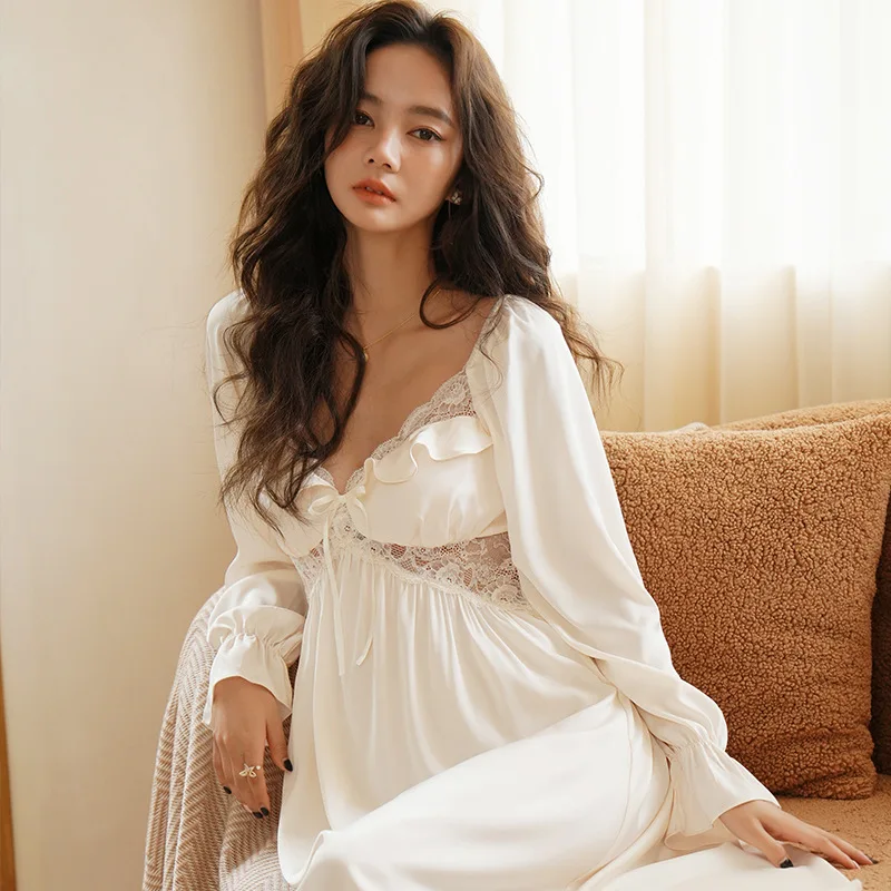 

New Female French Palace Style Princess Nightdress Nightgown Sexy Patchwork Lace Long Sleepwear Home Dress Rayon Loungewear