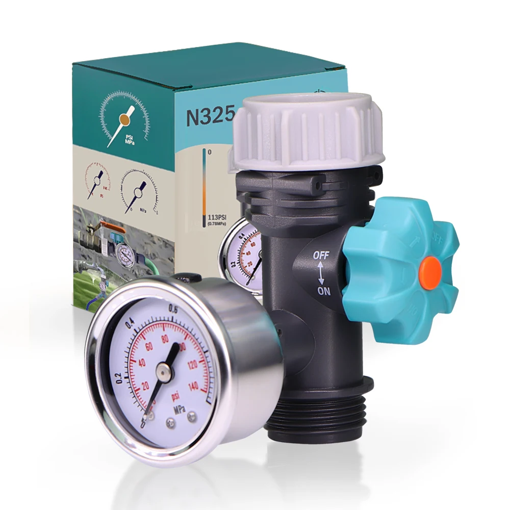 N325 Einstellbarer Wasserdruckregler mit Edelstahlanzeige, 113 PSI, max. 3/4 Zoll weiblich auf männlich, Bewässerungssystem, Durchflusskontrolle