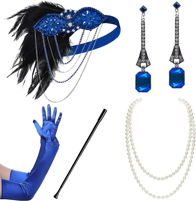 PESENAR 1920s Flapper Accessories Gatsby Costume Accessories Set 20s Flapper Headband Pearl Necklace Gloves Plastic Holder
