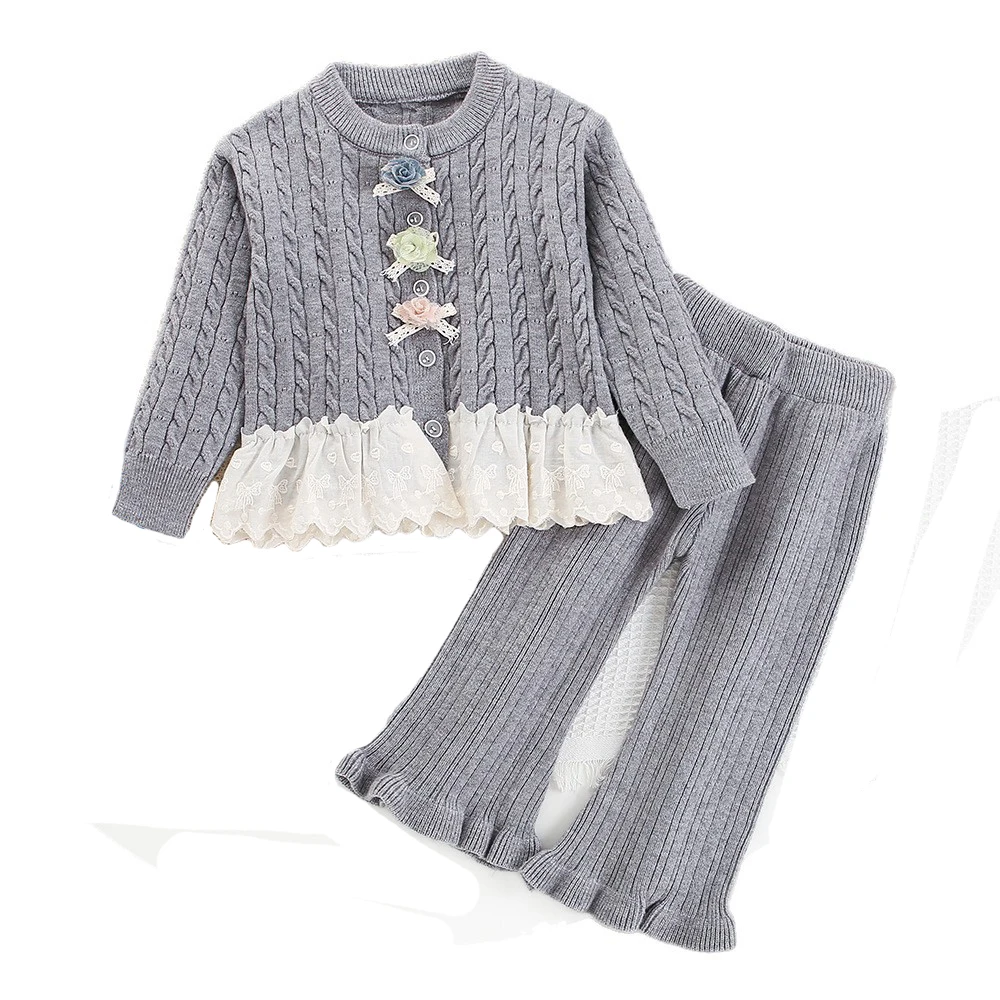 Girls Autumn Knit Sweater Set with Lace and Flower Details