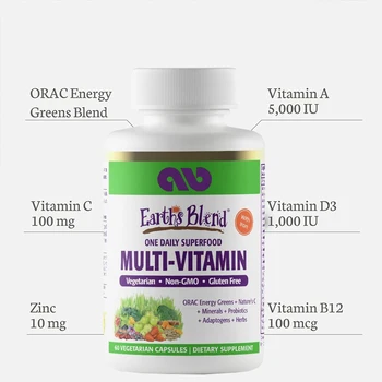 Earth's Blend, 48 organic superfoods, probiotics, vitamins A, B12, C, D, K2, daily iron rich superfood multivitamins