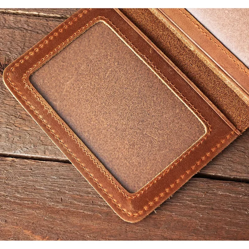 Crazy Horse Leather Mens First Layer Cowhide Credit Card Holder Wallet Short Drivers License 5 Transparent Windows ID Card Cases