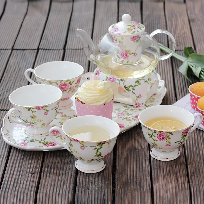 

English Afternoon Tea Set High-Grade Porcelain Tea Cups Set Glass Teapot with Filter Tea Warmer Candle Stove Wedding Gift