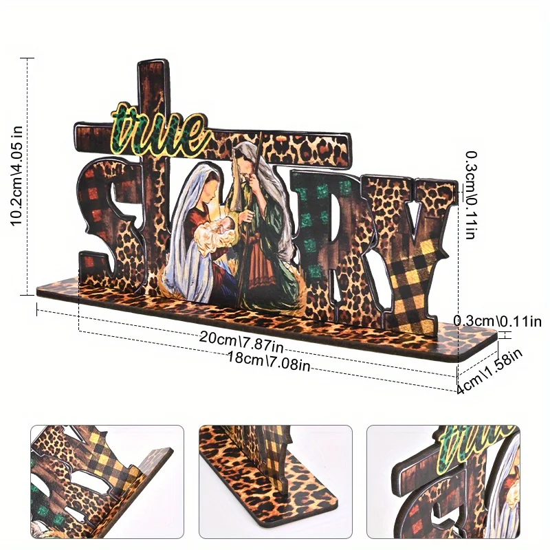 1pc Christmas Nativity Leopard Pattern Cross Story Wooden Standing Decoration Christian Decor Christmas Gift Office Decor