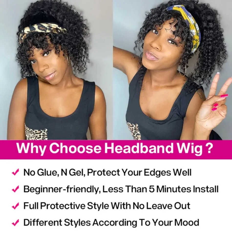 Brazilian Kinky Curly Headband Wigs Wear And Go Glueless Human Hair Wig Full Machine Made Short Bob Curly Wigs For Women 250% 4