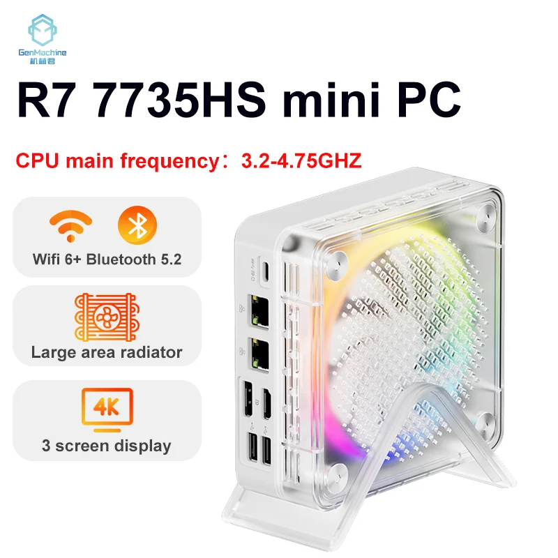  GenMachine AMD Ryzen 7 7735HS Light MINI PC Windows 11 Pro 8Cores DDR5 4800Mhz 256/512GB SSD WIFI6 BT5.2 Desktop Gaming Computer 