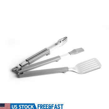 3 Piece Stainless Steel BBQ Grill Tool Set Ergonomic Soft Handle Tongs Spatula Basting Brush Dishwasher Safe Outdoor Indoor Use 1