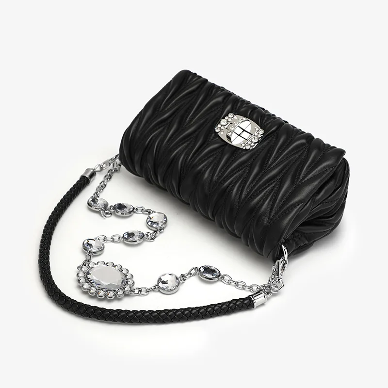 Underarm Leather Pleated Square Bag Women's Fashion Diamond Inlaid Chain Bags One Shoulder Crossbody Bag Wedding Party Bag