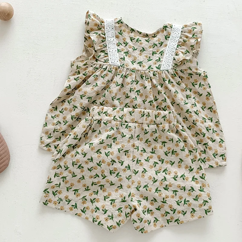 

Children Clothing Suit Sleeveless Cotton Printed T-shirt+Shorts Newborn Baby Girls Clothing Set For Summer